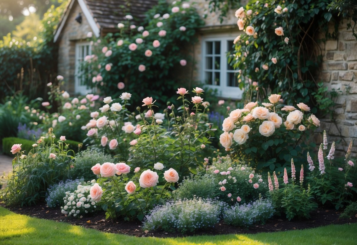 23+ Cottage Garden Flowerbed Ideas: Stunning Designs to Transform Your US Backyard 5 A colorful flowerbed filled with blooming roses and various garden flowers in front of a cottage wall covered with climbing plants.