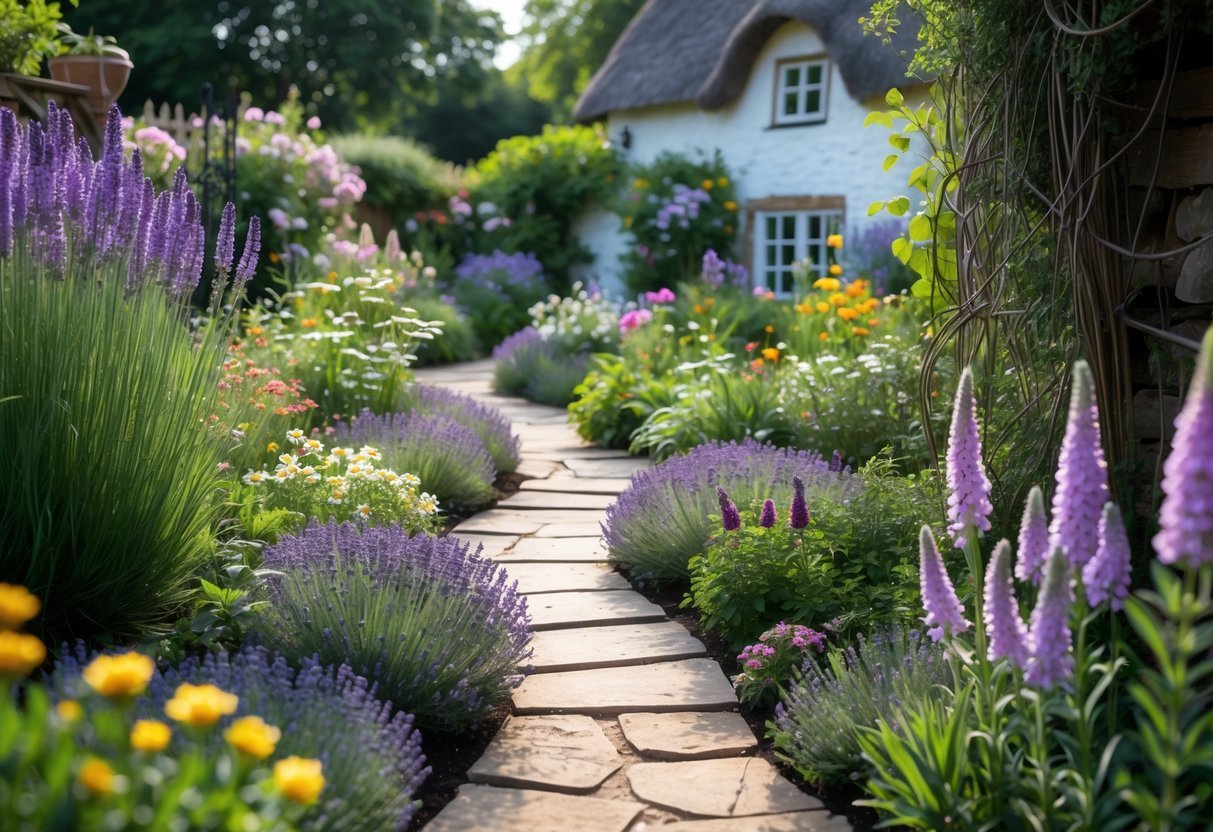 23+ Cottage Garden Flowerbed Ideas: Stunning Designs to Transform Your US Backyard 6 A winding stone pathway edged with blooming lavender plants leads through a colorful flowerbed in front of a quaint cottage surrounded by greenery.