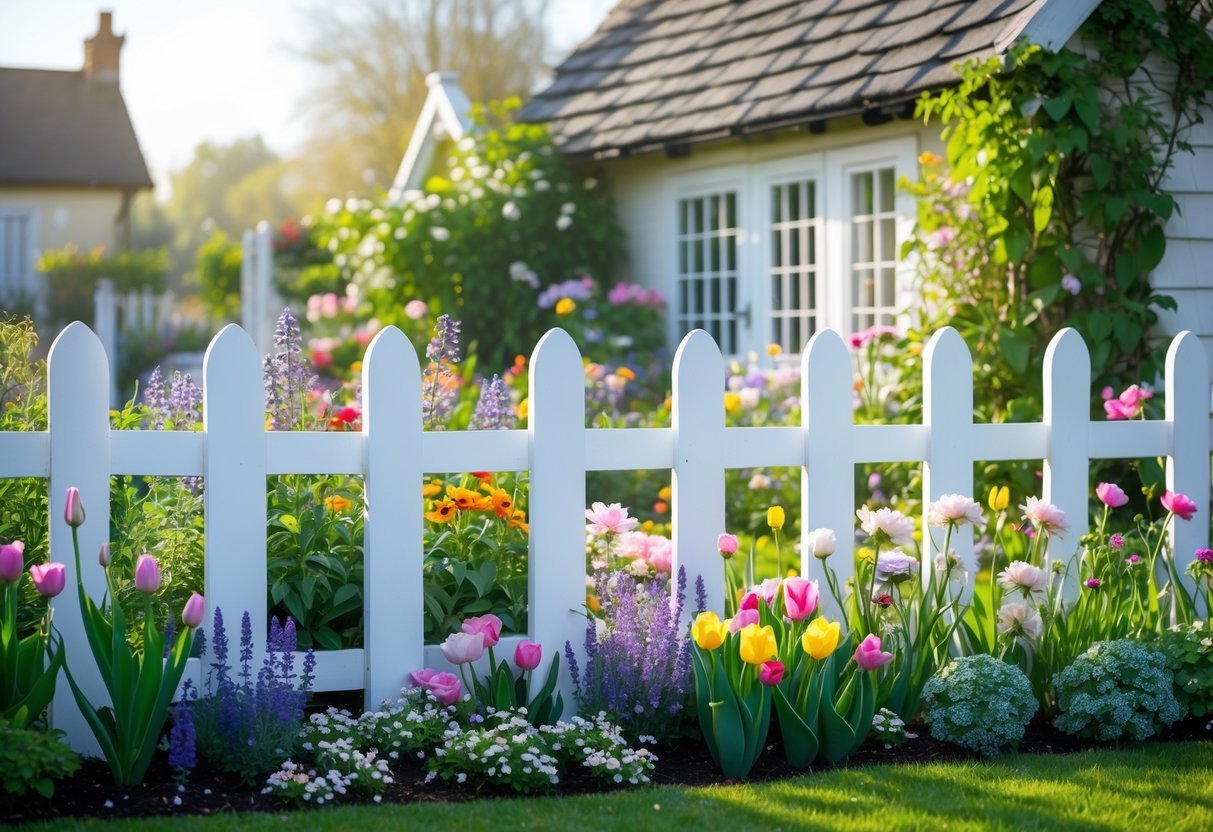 23+ Cottage Garden Flowerbed Ideas: Stunning Designs to Transform Your US Backyard 7 A white picket fence surrounds a colorful flowerbed with various blooming flowers in front of a cottage.