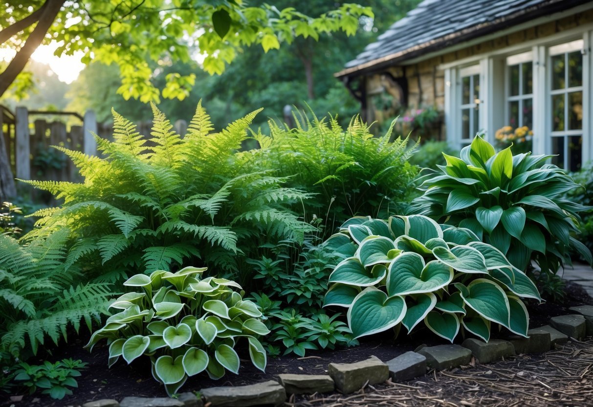 23+ Cottage Garden Flowerbed Ideas: Stunning Designs to Transform Your US Backyard 8 A shaded garden flowerbed with green ferns and hosta plants near a cottage.