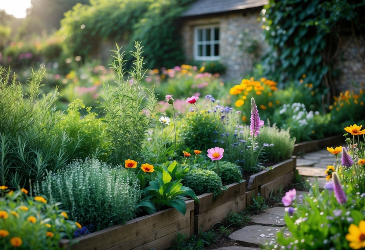 23+ Cottage Garden Flowerbed Ideas: Stunning Designs to Transform Your US Backyard 9 A colorful cottage garden flowerbed with a mix of herbs and blooming flowers bordered by wooden edging and a stone pathway.