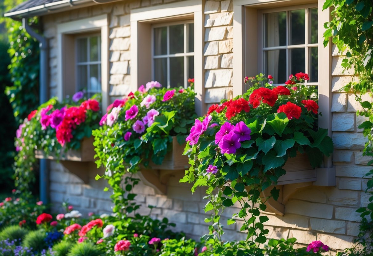 23+ Cottage Garden Flowerbed Ideas: Stunning Designs to Transform Your US Backyard 10 A cottage with multiple window boxes overflowing with colorful flowers and greenery, with a garden flowerbed beneath the windows.