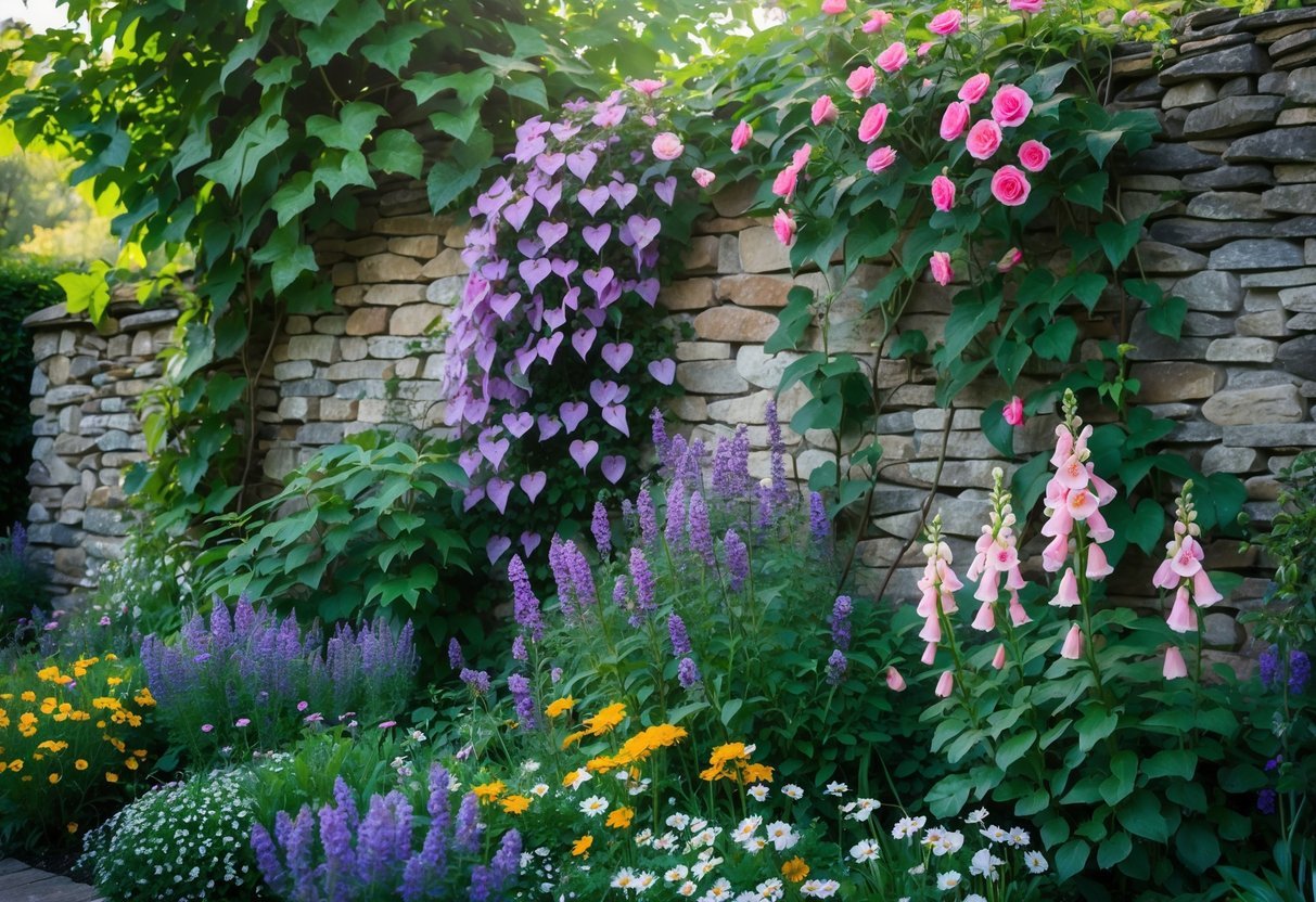 23+ Cottage Garden Flowerbed Ideas: Stunning Designs to Transform Your US Backyard 11 A stone wall covered with green ivy, purple clematis, and pink climbing roses above a colorful flowerbed with lavender, foxgloves, and daisies in a cottage garden.