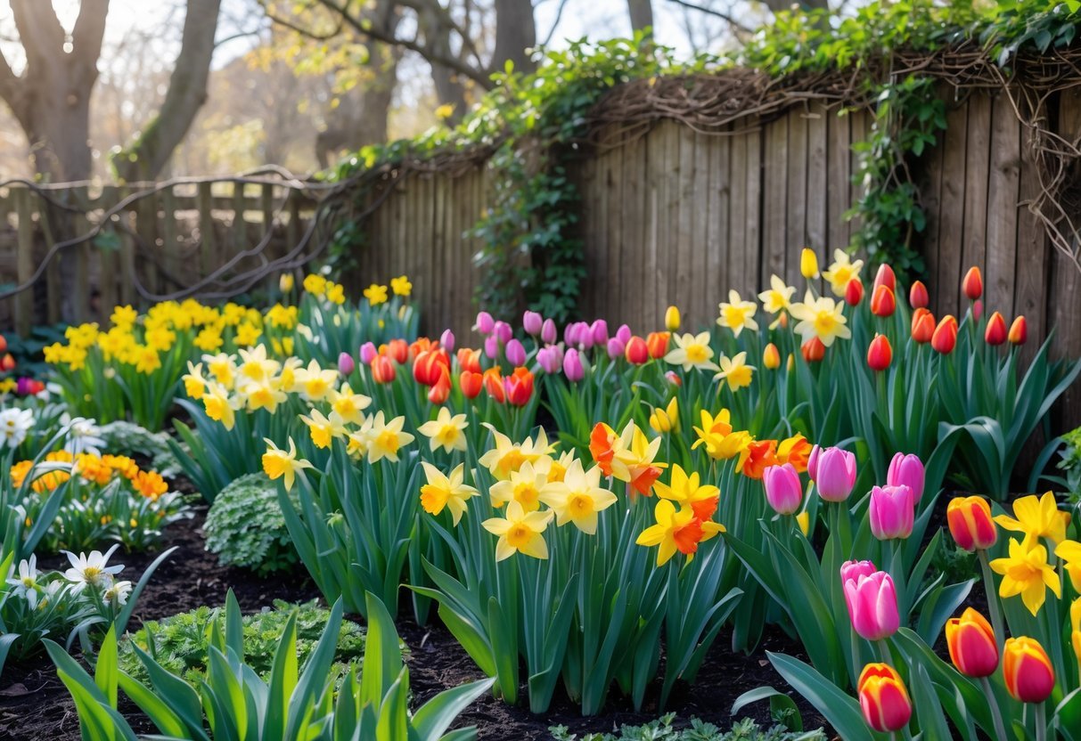 23+ Cottage Garden Flowerbed Ideas: Stunning Designs to Transform Your US Backyard 12 A colorful garden flowerbed filled with yellow daffodils and red, pink, and orange tulips surrounded by green leaves and a wooden fence in the background.