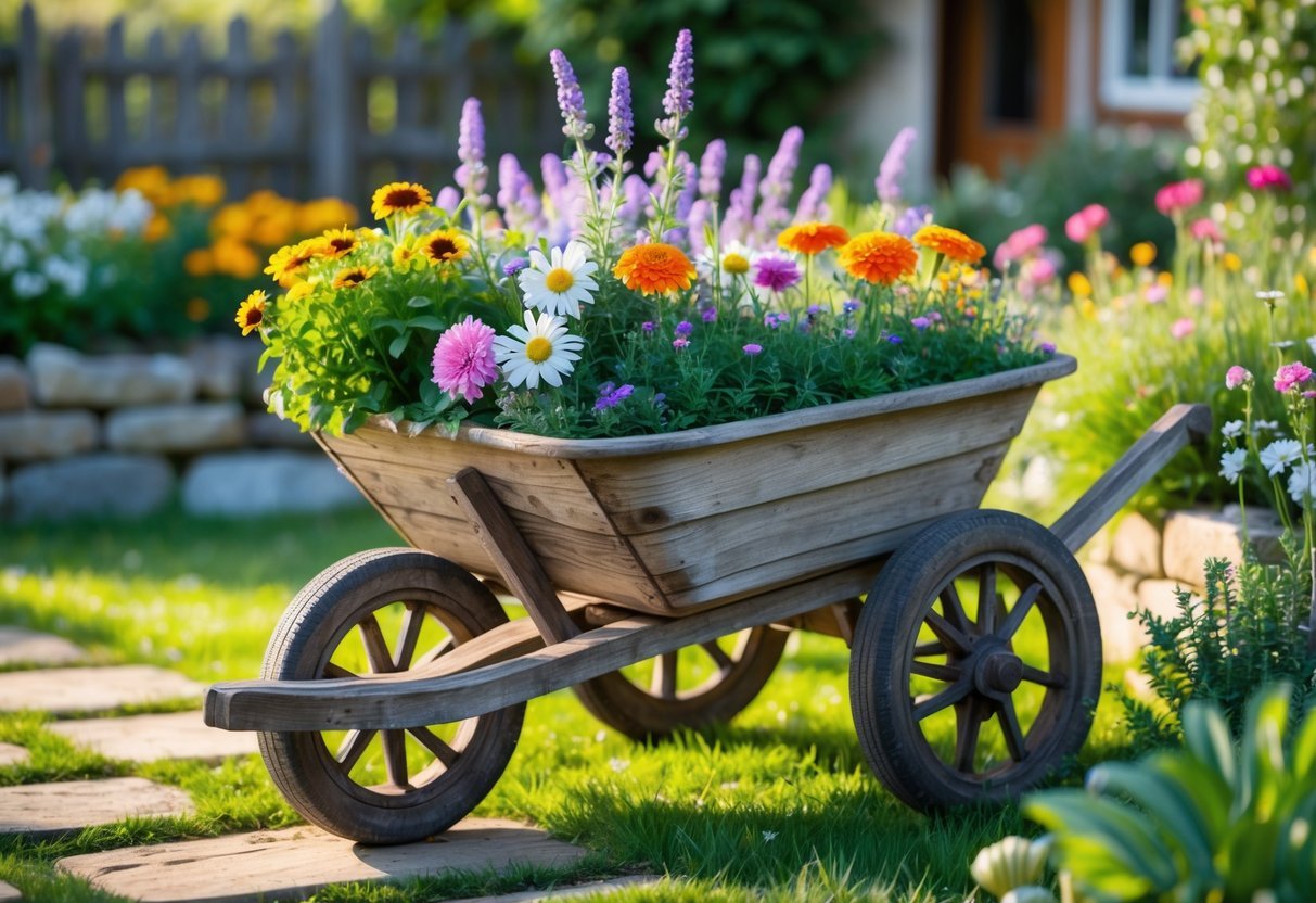 23+ Cottage Garden Flowerbed Ideas: Stunning Designs to Transform Your US Backyard 13 A rustic wooden wheelbarrow filled with colorful flowers in a garden flowerbed surrounded by green plants and a wooden fence.