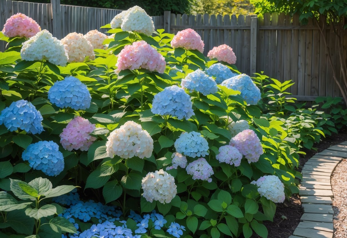 23+ Cottage Garden Flowerbed Ideas: Stunning Designs to Transform Your US Backyard 14 A colorful hydrangea flowerbed with pink, blue, and white blooms next to a stone pathway and wooden fence in a cottage garden.