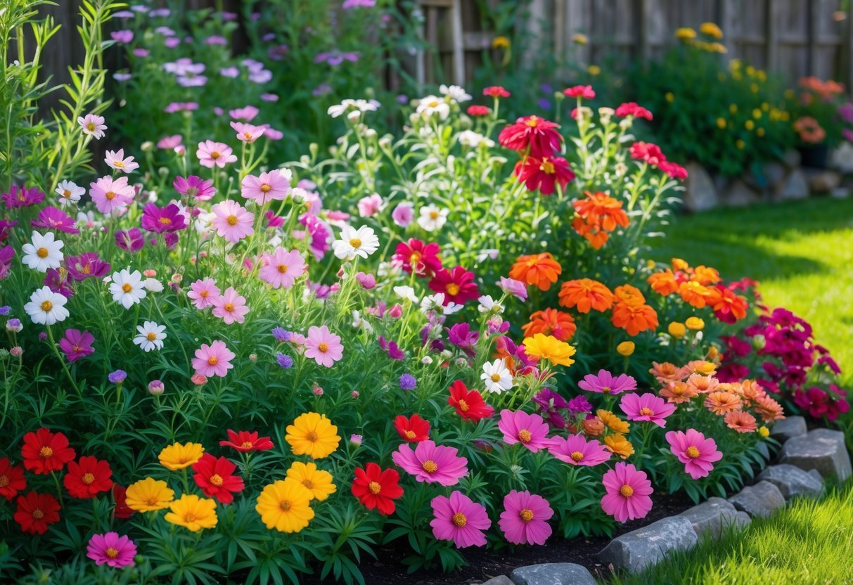 23+ Cottage Garden Flowerbed Ideas: Stunning Designs to Transform Your US Backyard 15 A colorful flowerbed with blooming cosmos and zinnias in a cottage garden setting.