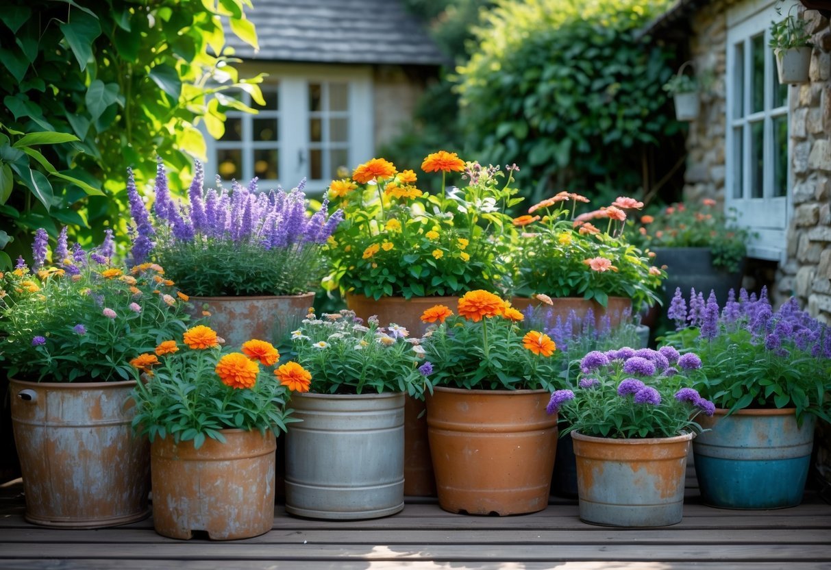 23+ Cottage Garden Flowerbed Ideas: Stunning Designs to Transform Your US Backyard 16 A cluster of flower-filled containers arranged outdoors with green plants and a cottage wall in the background.