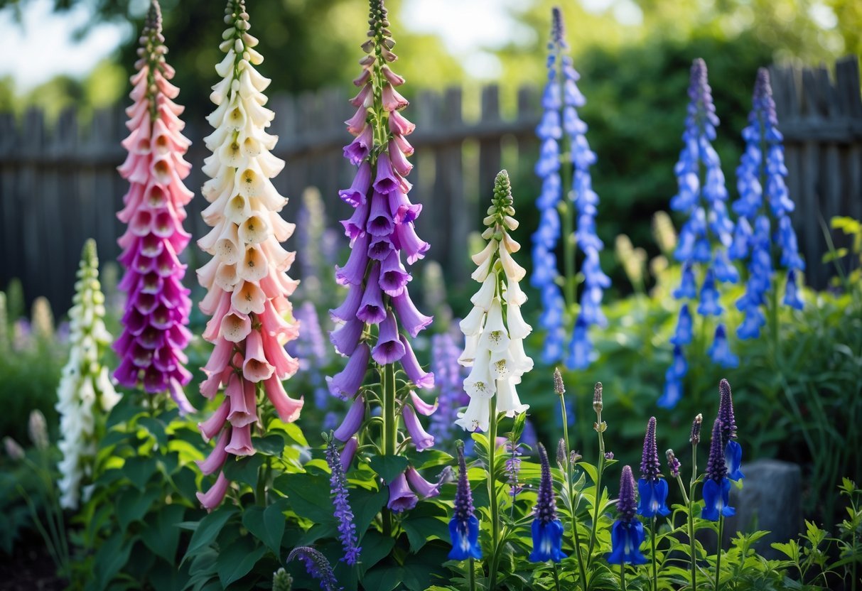 23+ Cottage Garden Flowerbed Ideas: Stunning Designs to Transform Your US Backyard 17 A tall flowerbed in a cottage garden filled with pink, purple, and white foxgloves alongside blue and violet delphinium flowers.