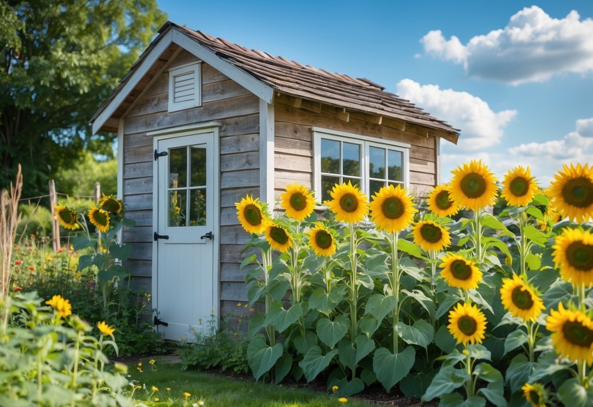 23+ Cottage Garden Flowerbed Ideas: Stunning Designs to Transform Your US Backyard 18 A rustic wooden shed surrounded by tall, blooming yellow sunflowers in a garden flowerbed.