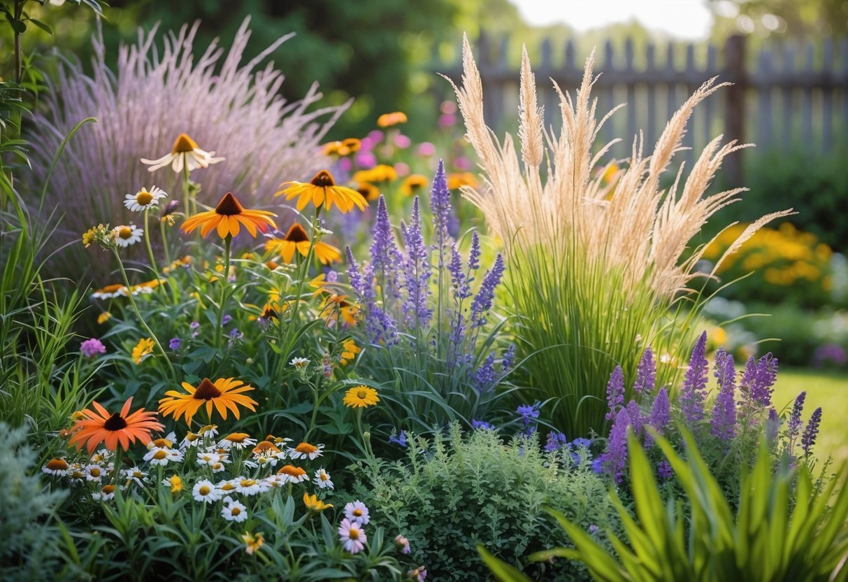 23+ Cottage Garden Flowerbed Ideas: Stunning Designs to Transform Your US Backyard 20 A colorful flowerbed filled with mixed perennial flowers and tall ornamental grasses in a garden setting.