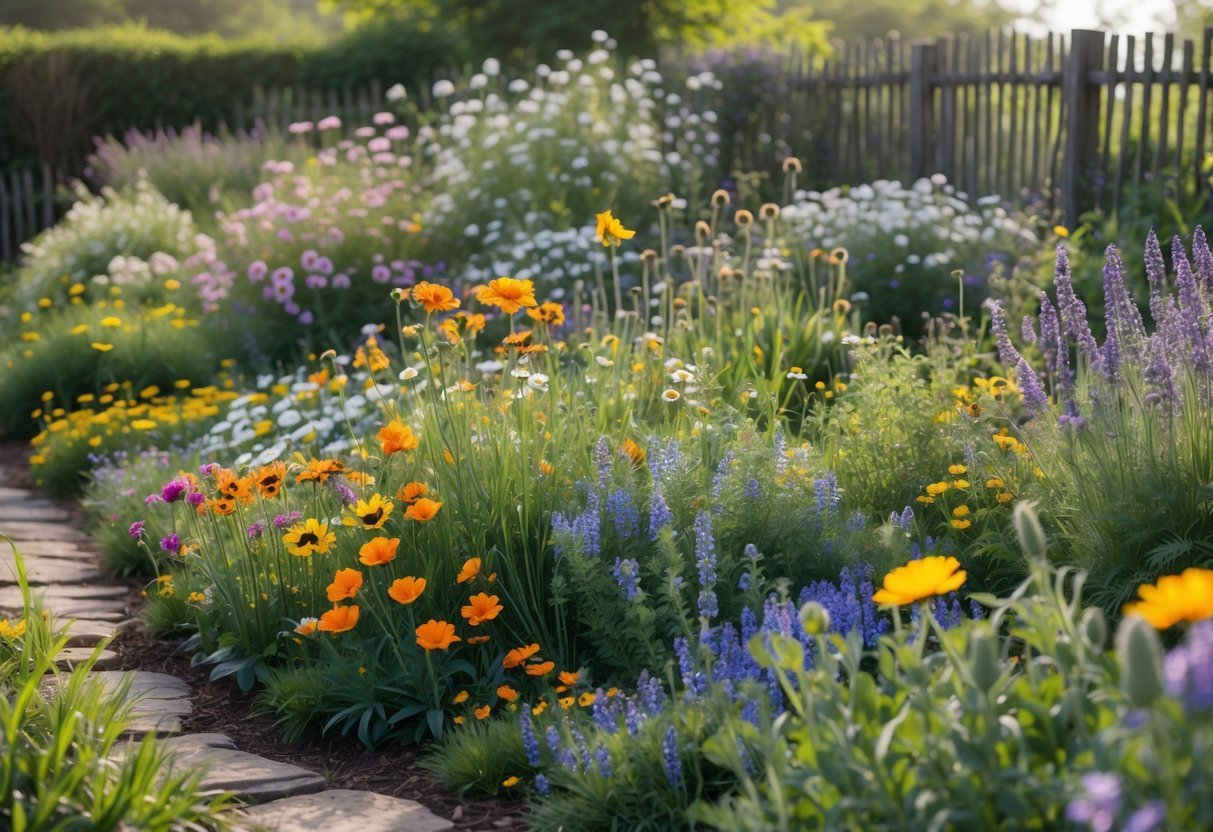 23+ Cottage Garden Flowerbed Ideas: Stunning Designs to Transform Your US Backyard 21 A colorful cottage garden flowerbed filled with various blooming wildflowers and green foliage, with a wooden fence and stone path in the background.