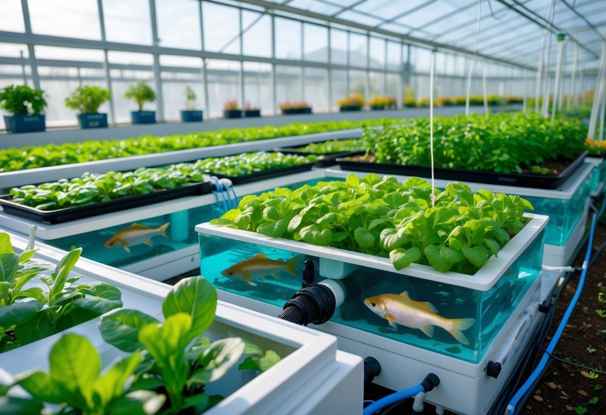 18+ Aquaponic Garden Ideas: Expert Tips for Thriving Sustainable Gardens in the US 2 An aquaponic garden inside a greenhouse with plants growing above fish tanks and natural sunlight illuminating the space.