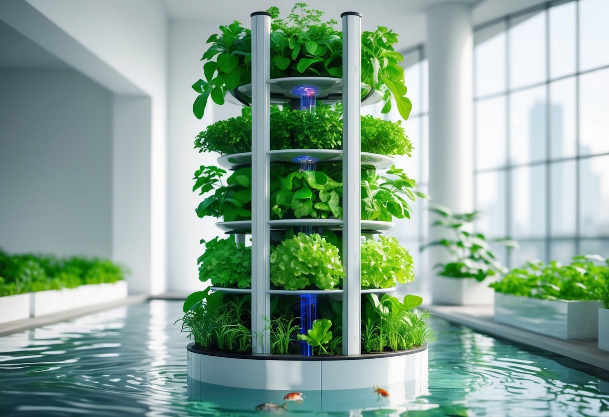 18+ Aquaponic Garden Ideas: Expert Tips for Thriving Sustainable Gardens in the US 3 A vertical tower aquaponics garden with green plants growing around a cylindrical structure and fish tanks at the base indoors.