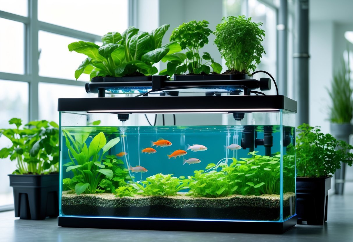 18+ Aquaponic Garden Ideas: Expert Tips for Thriving Sustainable Gardens in the US 4 Indoor aquaponic garden with a clear aquarium housing fish and green plants growing above it in a bright room.