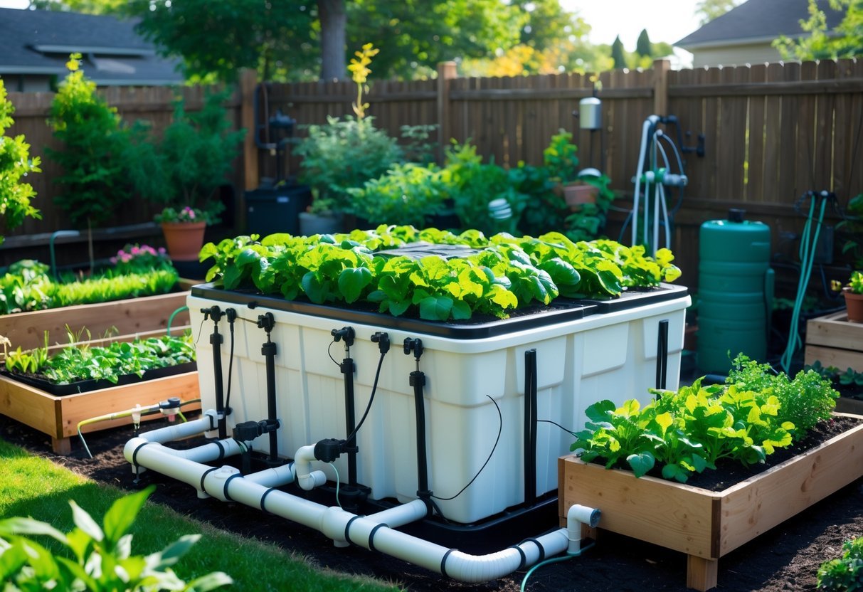 18+ Aquaponic Garden Ideas: Expert Tips for Thriving Sustainable Gardens in the US 5 Backyard aquaponic garden with a large white IBC tote system and green plants growing in planters on top, surrounded by garden beds and greenery.
