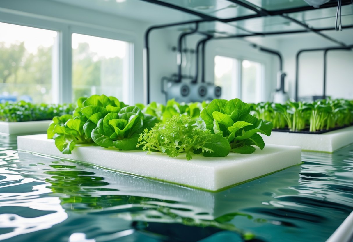 18+ Aquaponic Garden Ideas: Expert Tips for Thriving Sustainable Gardens in the US 6 An indoor aquaponic garden with floating rafts growing green leafy vegetables on clear water tanks.