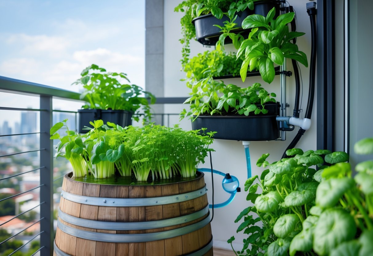 18+ Aquaponic Garden Ideas: Expert Tips for Thriving Sustainable Gardens in the US 7 A balcony with a barrel aquaponic garden featuring green vegetables and herbs growing in a compact setup overlooking a cityscape.