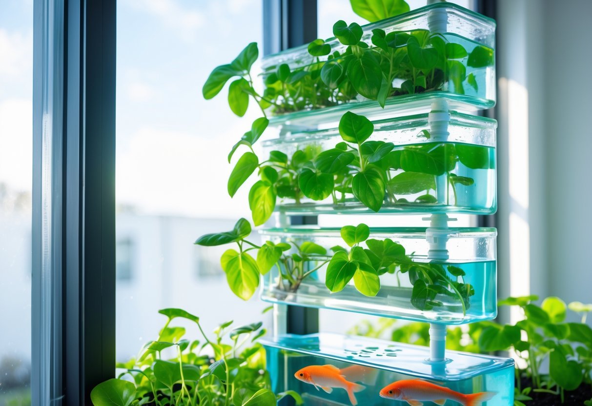 18+ Aquaponic Garden Ideas: Expert Tips for Thriving Sustainable Gardens in the US 8 Indoor window aquaponic garden with green plants growing in vertical containers and fish swimming in a connected tank below.