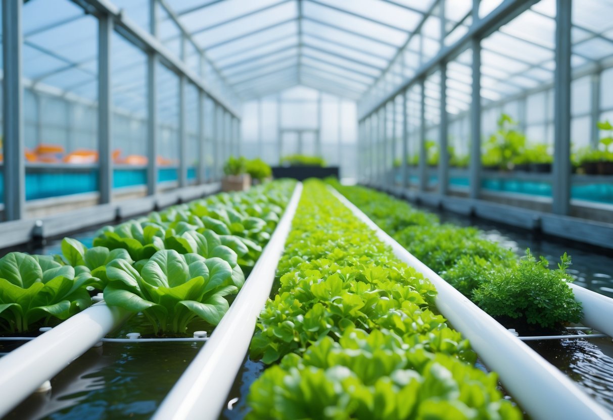 18+ Aquaponic Garden Ideas: Expert Tips for Thriving Sustainable Gardens in the US 9 An indoor aquaponic garden with white channels carrying water to green leafy plants, supported by a metal frame, with fish tanks visible in the background.