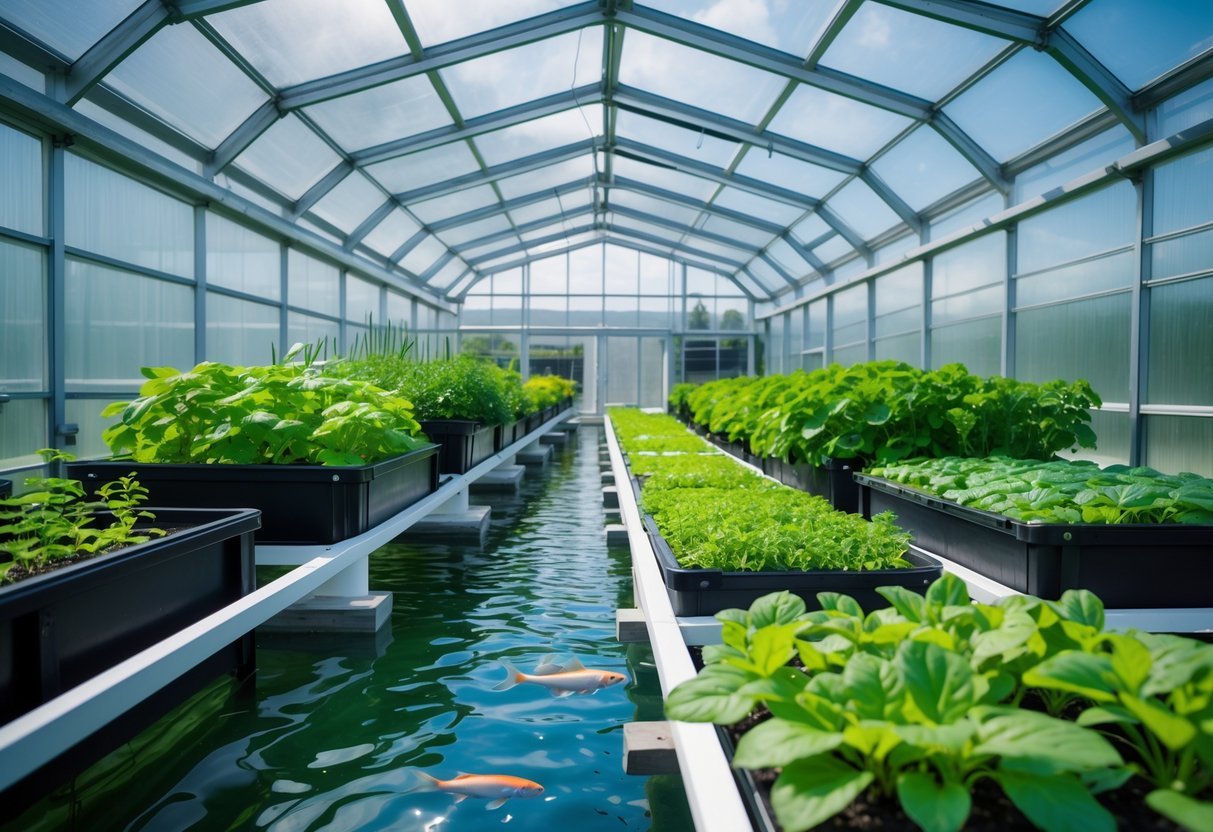 18+ Aquaponic Garden Ideas: Expert Tips for Thriving Sustainable Gardens in the US 10 A greenhouse with aquaponic garden systems featuring fish tanks and green plants growing in water under natural sunlight.
