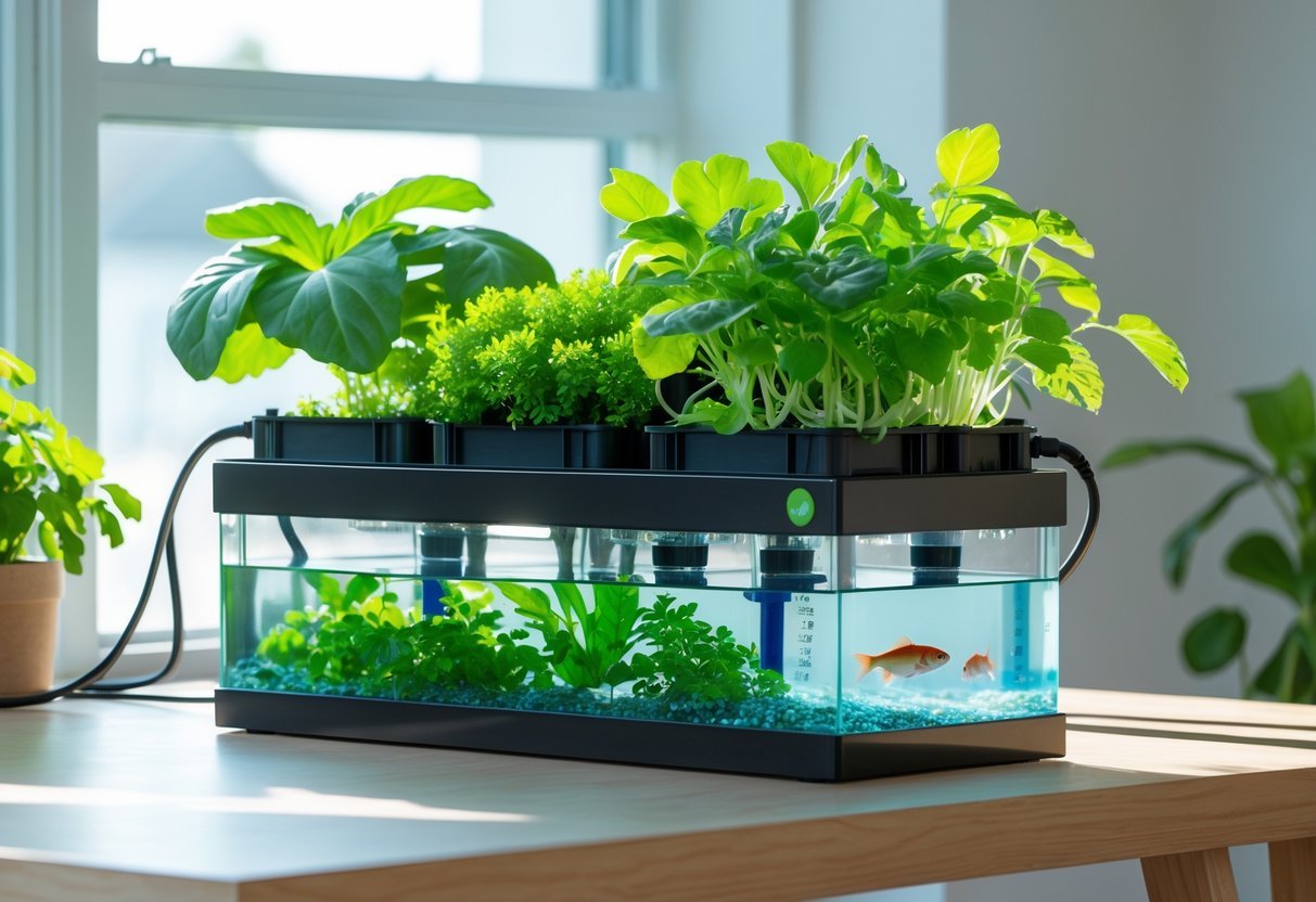 18+ Aquaponic Garden Ideas: Expert Tips for Thriving Sustainable Gardens in the US 11 A tabletop mini aquaponics garden with fish tanks and green plants growing on a wooden table indoors.