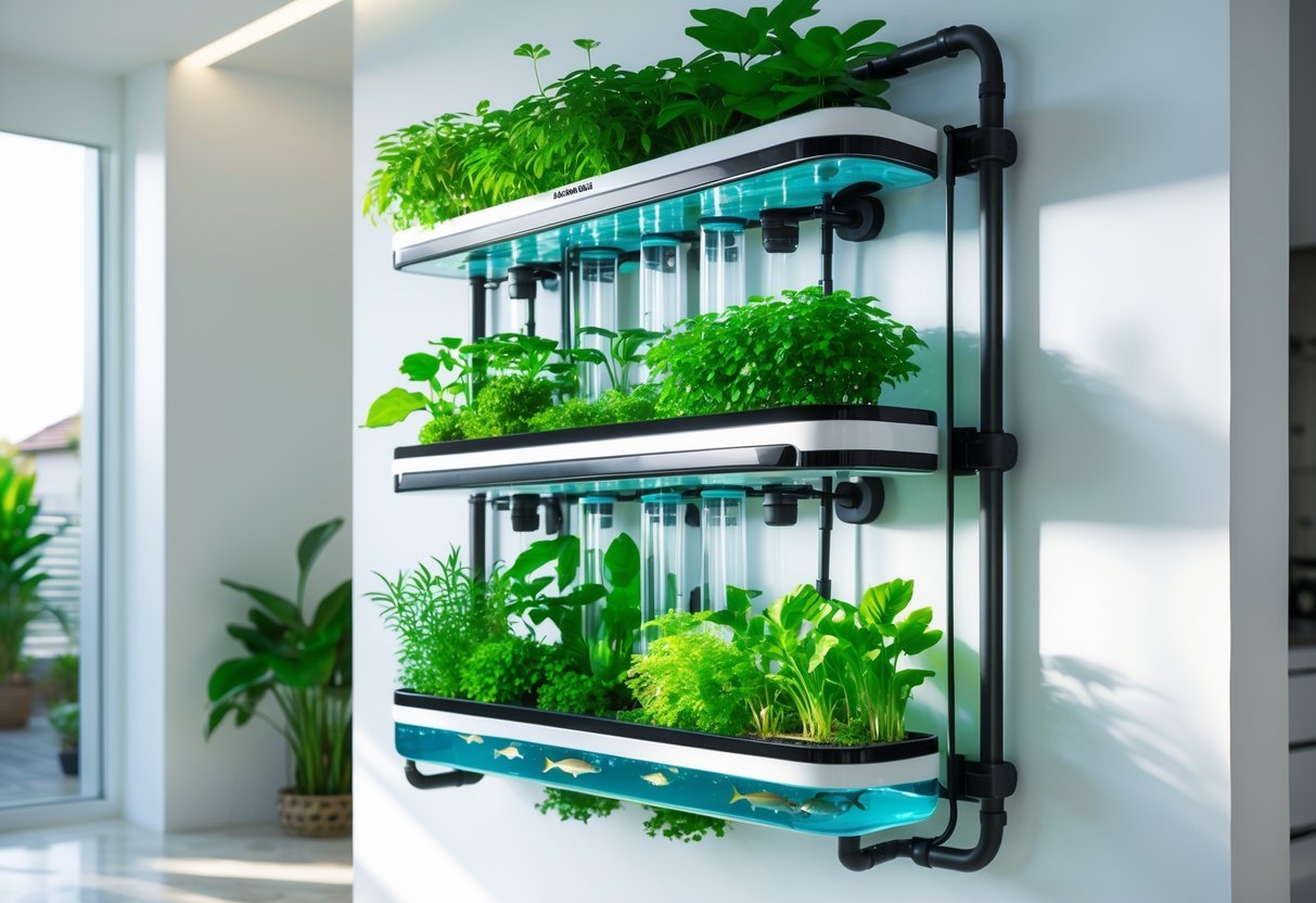 18+ Aquaponic Garden Ideas: Expert Tips for Thriving Sustainable Gardens in the US 12 A wall-mounted aquaponic garden unit with green plants growing above a tank of small fish in a bright indoor space.