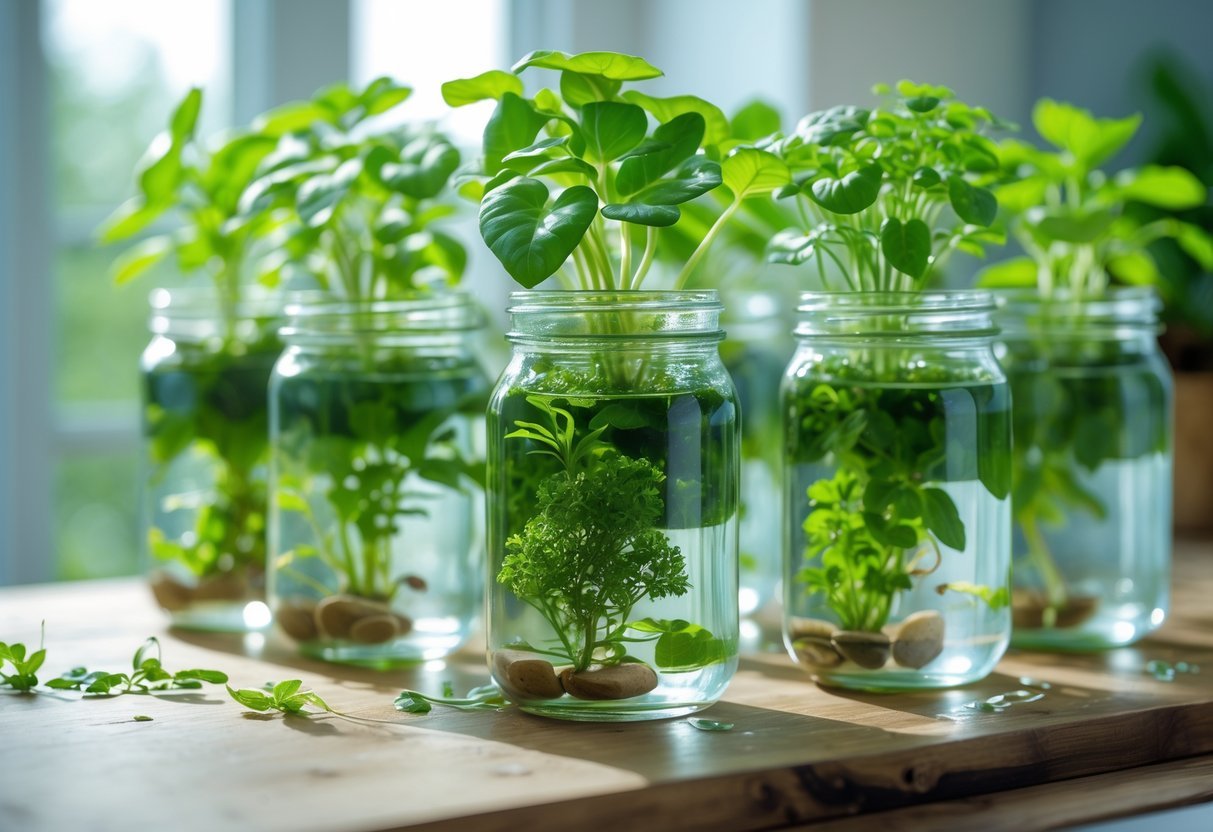 18+ Aquaponic Garden Ideas: Expert Tips for Thriving Sustainable Gardens in the US 13 Several mason jars containing water and small fish with green plants growing from the tops, arranged on a wooden surface.
