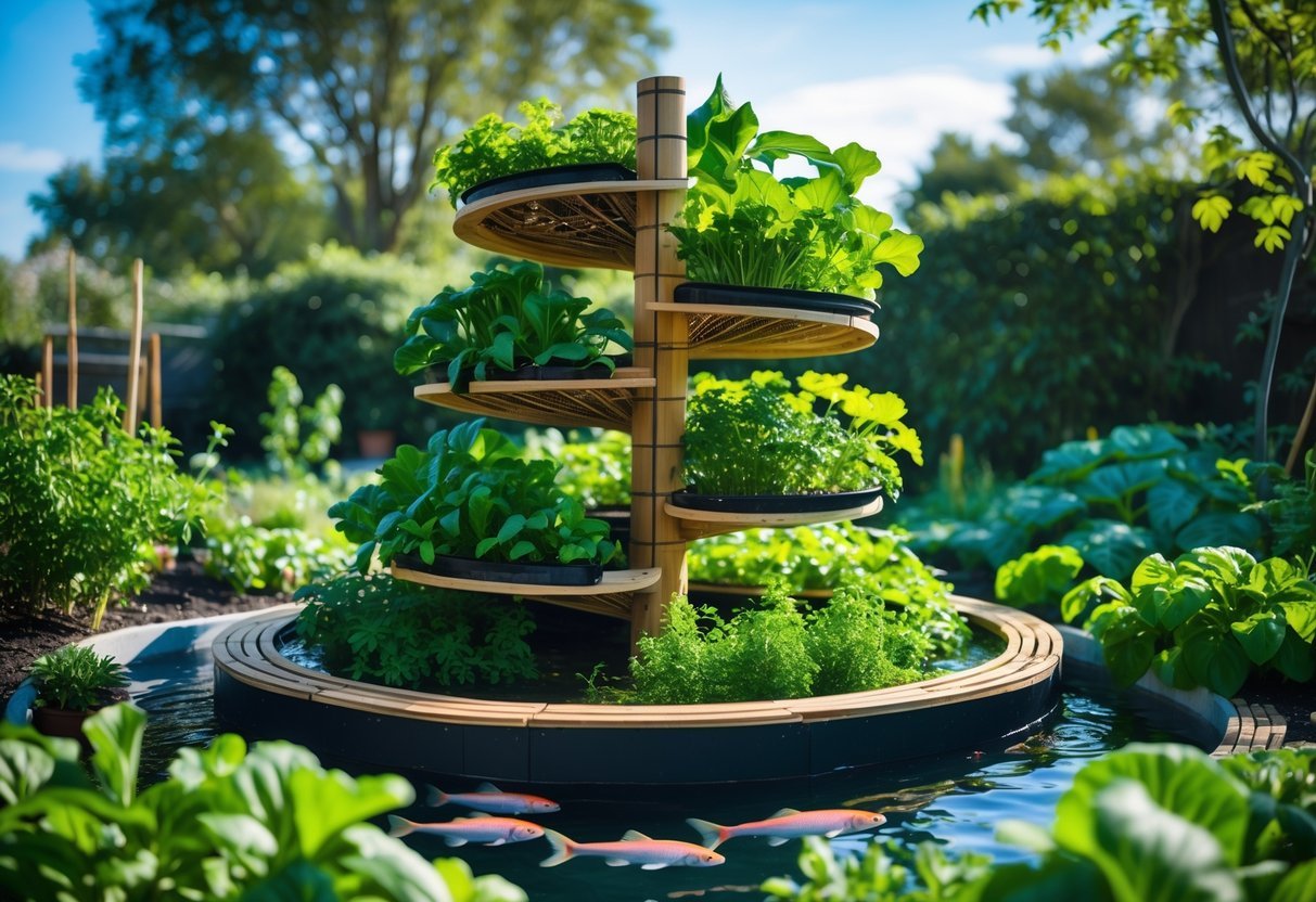 18+ Aquaponic Garden Ideas: Expert Tips for Thriving Sustainable Gardens in the US 14 A spiral aquaponic garden with green plants growing on multiple levels and fish swimming in water at the base, set outdoors with trees and blue sky.