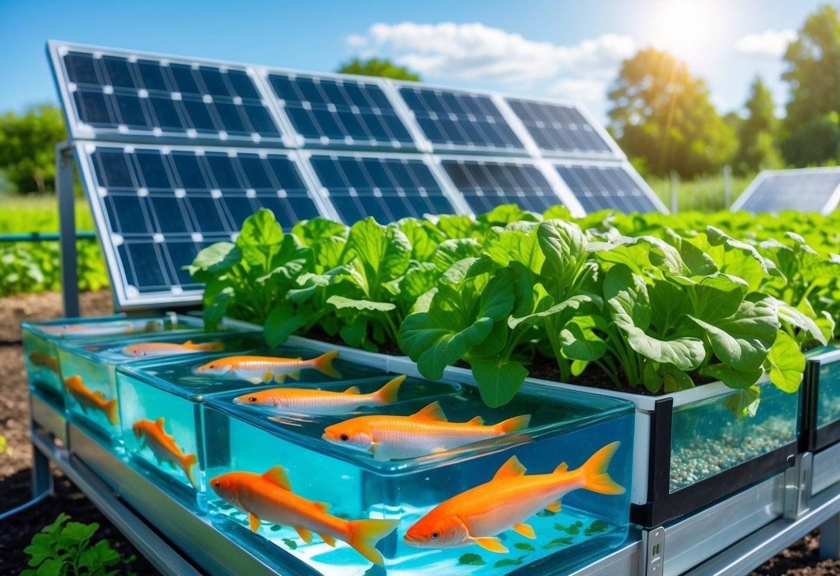18+ Aquaponic Garden Ideas: Expert Tips for Thriving Sustainable Gardens in the US 15 An outdoor aquaponics garden with fish tanks, green plants growing above, and solar panels nearby under a clear sunny sky.