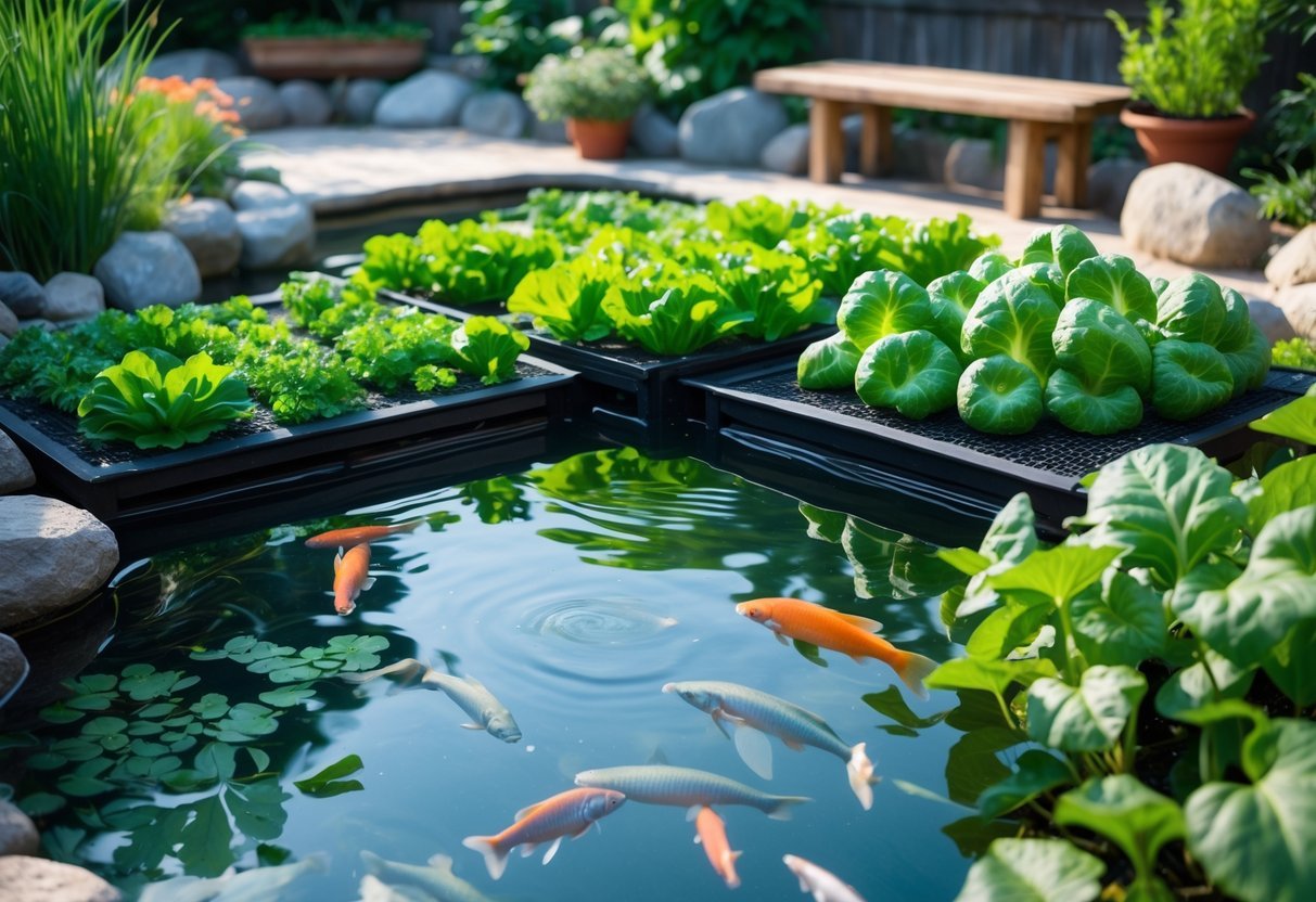 18+ Aquaponic Garden Ideas: Expert Tips for Thriving Sustainable Gardens in the US 16 A decorative pond with fish and aquatic plants surrounded by green vegetables and herbs growing in an outdoor garden.