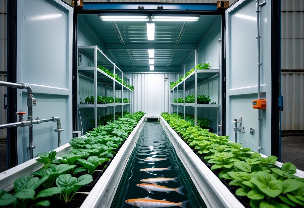 18+ Aquaponic Garden Ideas: Expert Tips for Thriving Sustainable Gardens in the US 17 Interior of a shipping container converted into an aquaponic farm with green plants growing above tanks of water containing fish.
