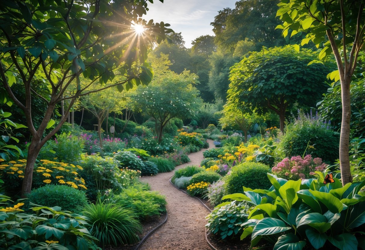 19+ Forest Garden Ideas to Transform Your Backyard into a Sustainable Oasis 2 A diverse forest garden with fruit trees, flowering plants, and a winding natural path under soft sunlight.