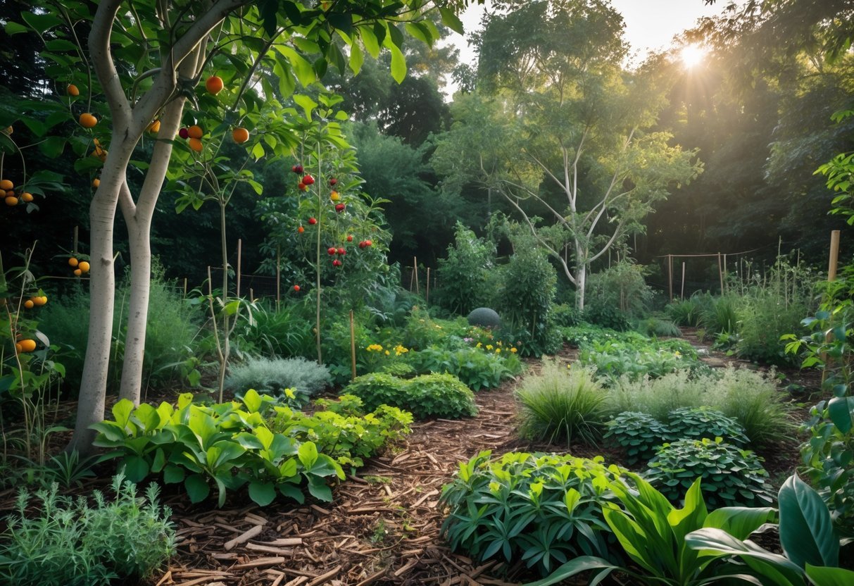 19+ Forest Garden Ideas to Transform Your Backyard into a Sustainable Oasis 3 A vibrant edible forest garden with fruit trees, berry shrubs, and various native edible plants under filtered sunlight.
