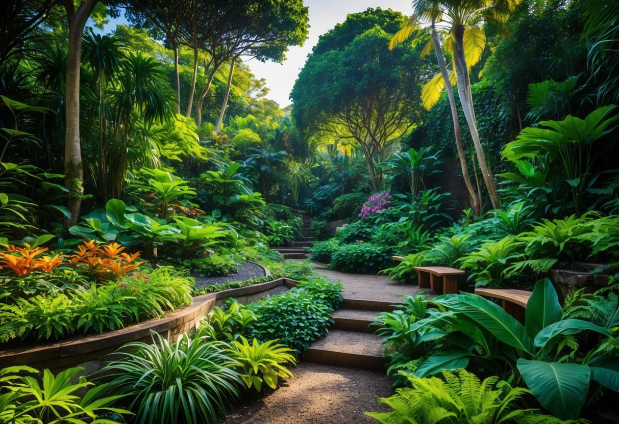19+ Forest Garden Ideas to Transform Your Backyard into a Sustainable Oasis 4 A lush tropical forest garden with multiple layers of trees, shrubs, and plants, featuring sunlight filtering through dense green foliage and natural pathways.
