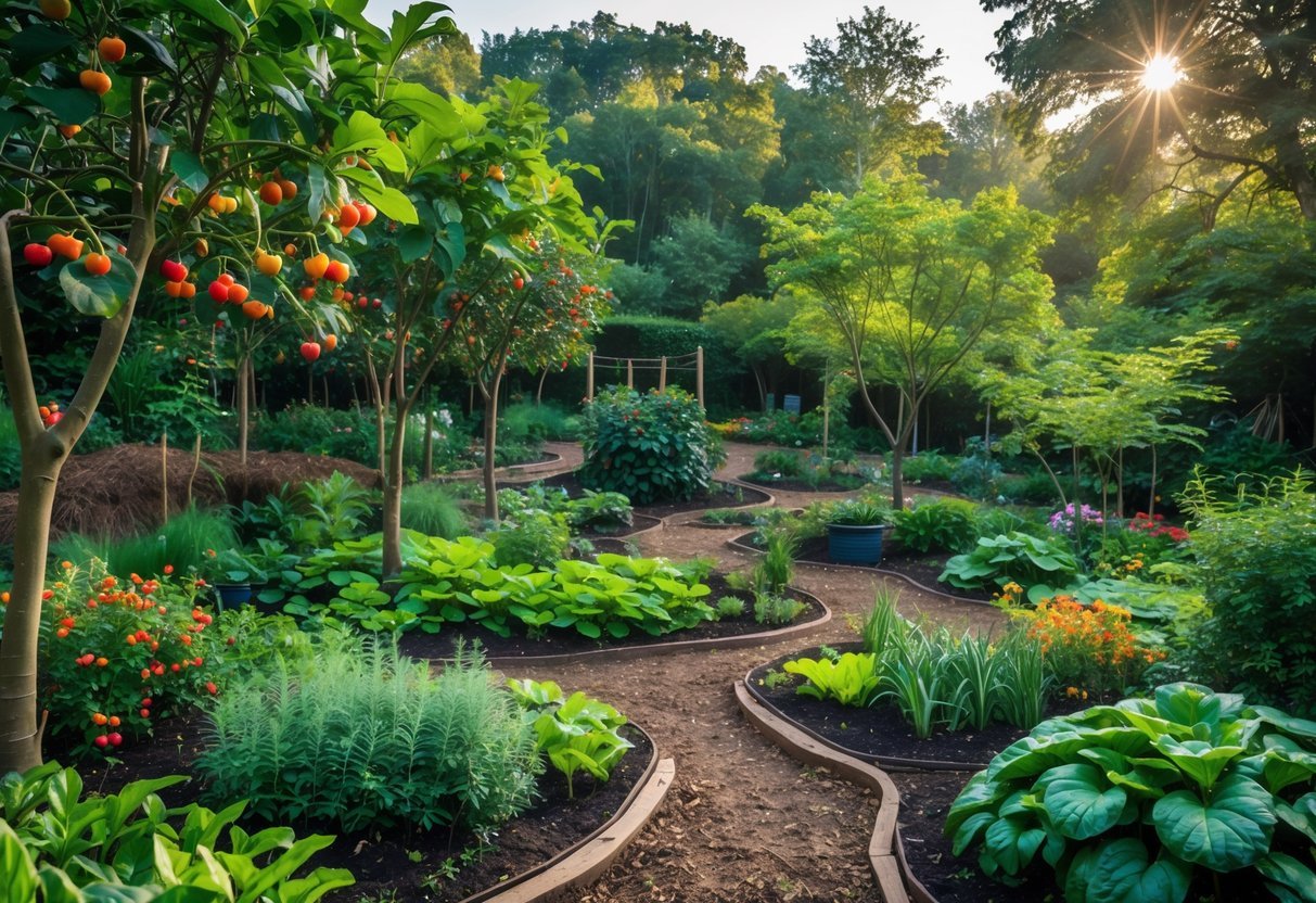 19+ Forest Garden Ideas to Transform Your Backyard into a Sustainable Oasis 5 A diverse permaculture food forest with fruit trees, shrubs, herbs, and vegetables growing together with natural pathways and sunlight filtering through the trees.