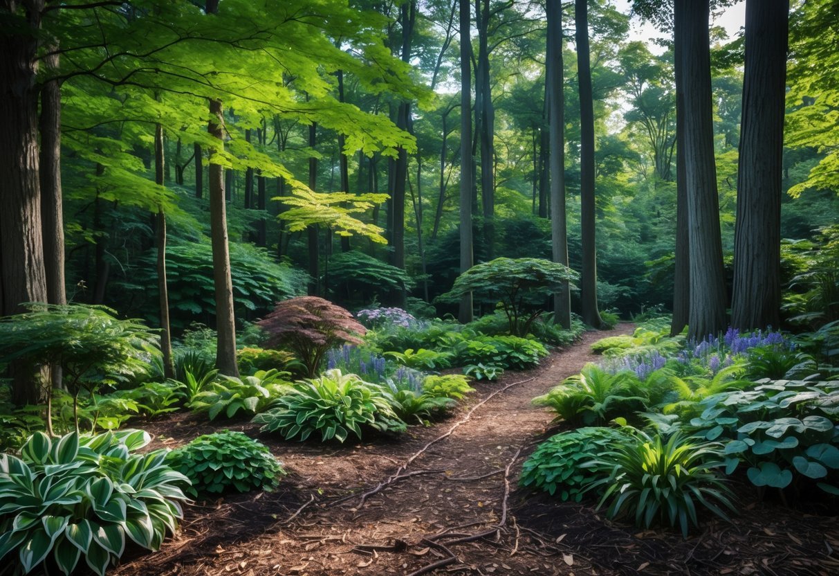 19+ Forest Garden Ideas to Transform Your Backyard into a Sustainable Oasis 6 A shaded forest garden with tall trees, ferns, hostas, and various shade-loving plants growing under a dense canopy.