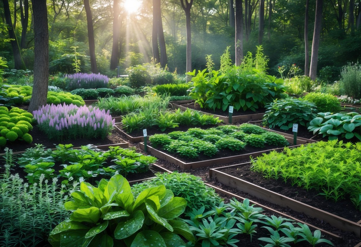 19+ Forest Garden Ideas to Transform Your Backyard into a Sustainable Oasis 7 A lush forest garden with various medicinal herbs growing among trees and winding pathways under soft sunlight.
