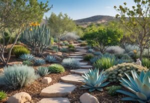 A drought-tolerant forest garden with various hardy plants, shrubs, and small trees growing in dry soil under a clear blue sky.