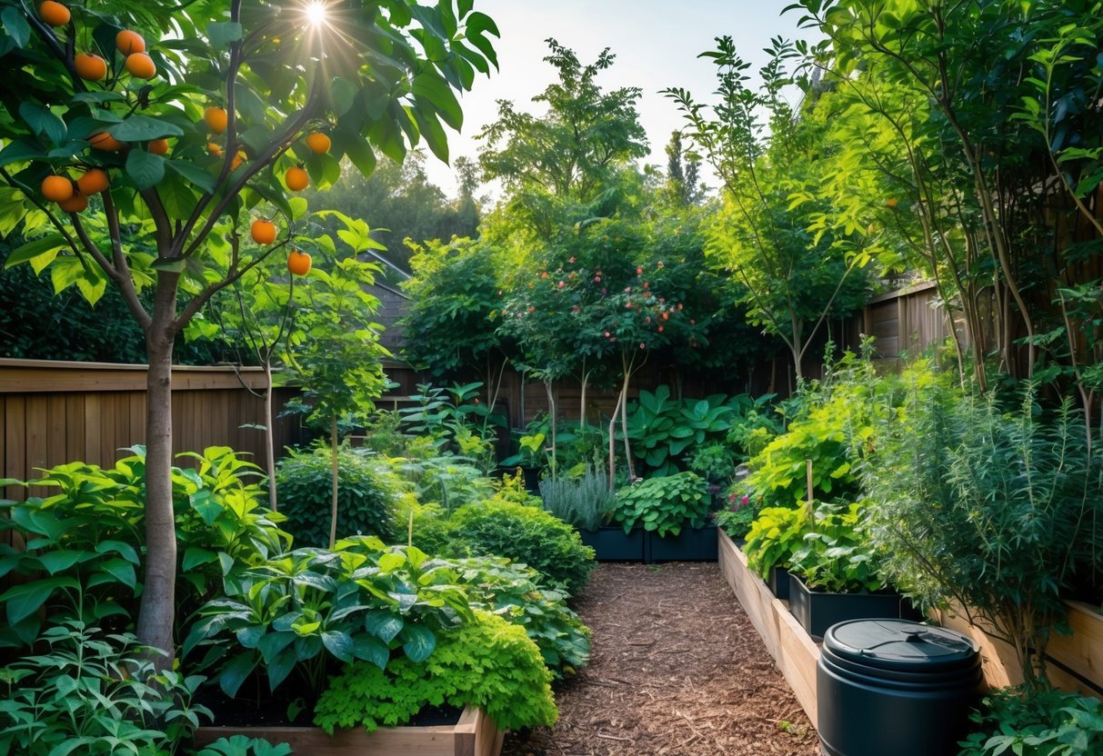 19+ Forest Garden Ideas to Transform Your Backyard into a Sustainable Oasis 9 A small, densely planted forest garden with fruit trees, shrubs, and edible plants in a compact backyard space.