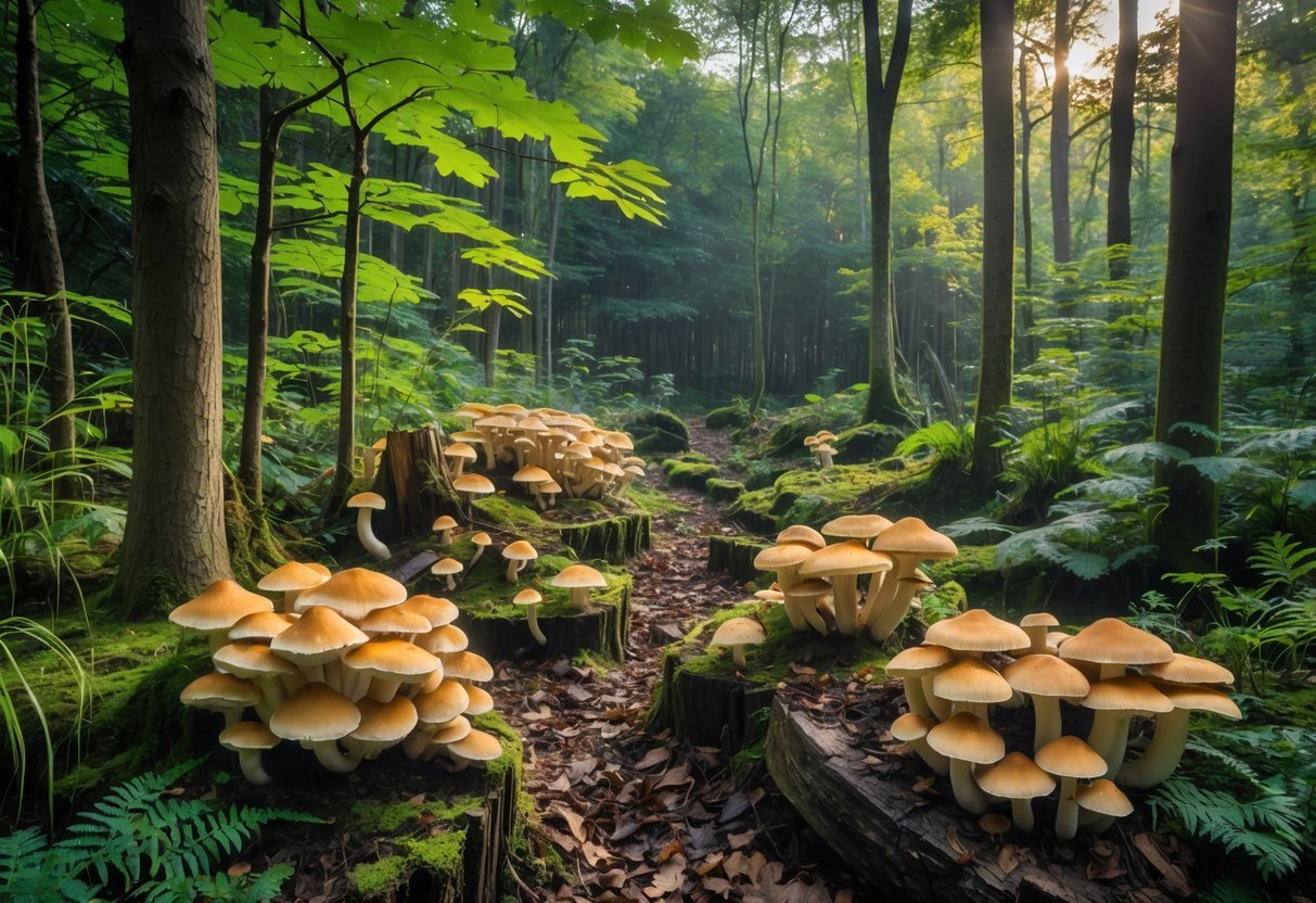 19+ Forest Garden Ideas to Transform Your Backyard into a Sustainable Oasis 10 A forest garden with mushrooms growing on logs and the forest floor surrounded by trees and green plants.