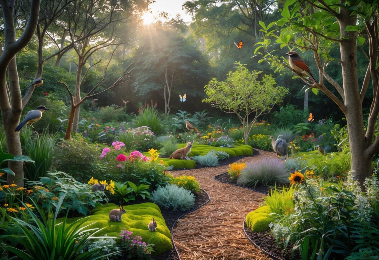 19+ Forest Garden Ideas to Transform Your Backyard into a Sustainable Oasis 11 A diverse forest garden with trees, flowering plants, birds, butterflies, and small mammals in a sunlit natural setting.