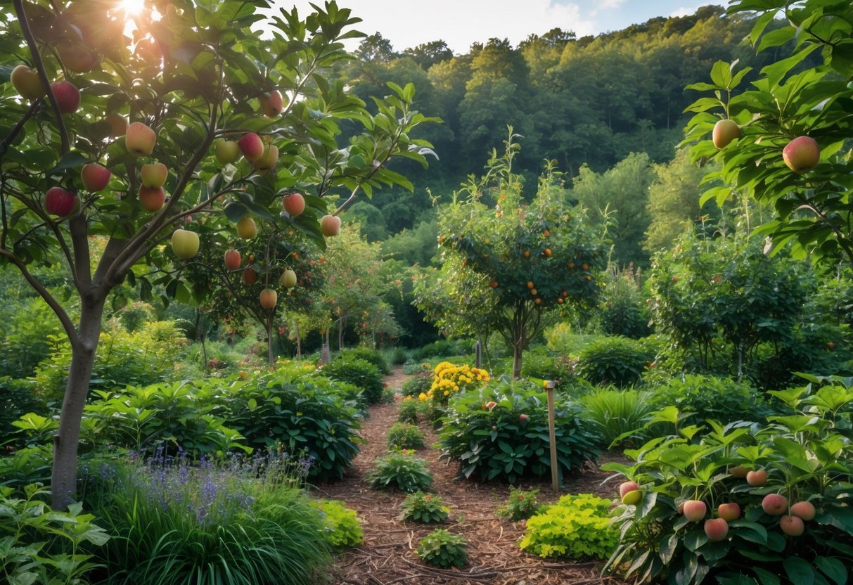19+ Forest Garden Ideas to Transform Your Backyard into a Sustainable Oasis 12 A forest garden with various fruit trees, green shrubs, and flowering plants under sunlight.