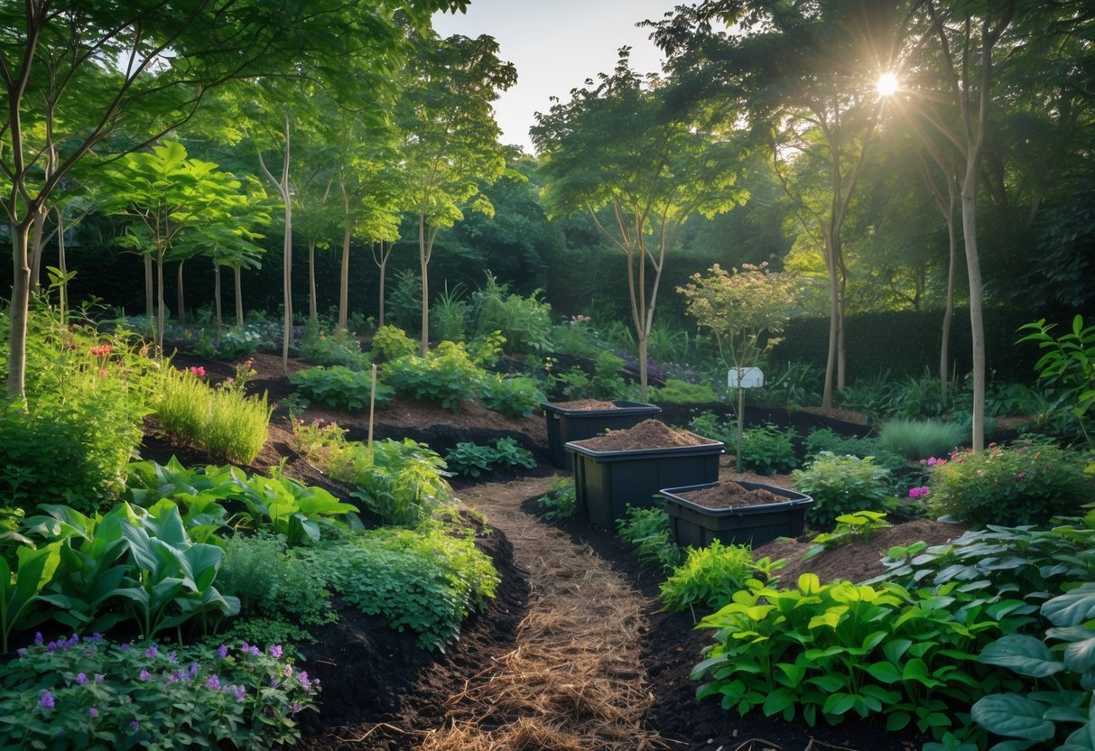 19+ Forest Garden Ideas to Transform Your Backyard into a Sustainable Oasis 13 A sustainable forest garden with diverse plants, trees, and a composting system surrounded by healthy green vegetation.