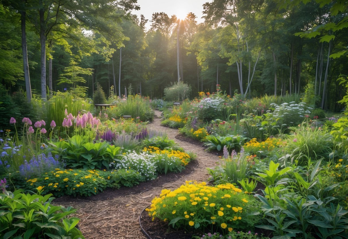 19+ Forest Garden Ideas to Transform Your Backyard into a Sustainable Oasis 14 A dense forest garden filled with flowering plants and small trees attracting bees, butterflies, and hummingbirds in a natural, green environment.