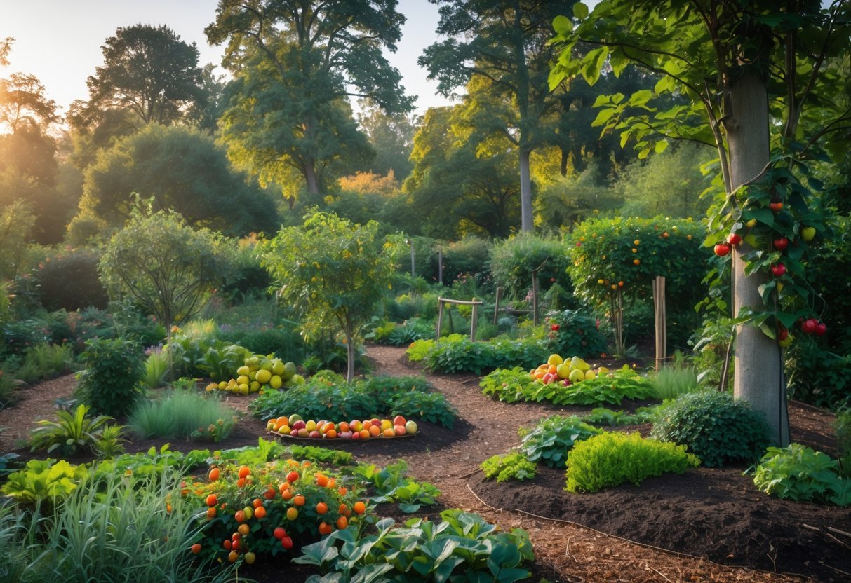 19+ Forest Garden Ideas to Transform Your Backyard into a Sustainable Oasis 15 A lush edible garden with fruit trees, berry bushes, herbs, and vegetables arranged naturally among tall trees and shaded pathways.