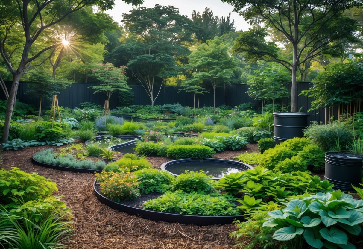 19+ Forest Garden Ideas to Transform Your Backyard into a Sustainable Oasis 16 A lush forest garden with diverse plants and trees featuring rainwater harvesting elements like swales and rain barrels.