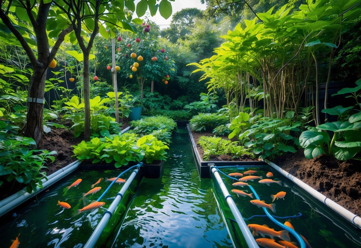 19+ Forest Garden Ideas to Transform Your Backyard into a Sustainable Oasis 18 A forest garden with fruit trees and plants growing alongside clear aquaponic tanks containing fish, with sunlight filtering through the trees.