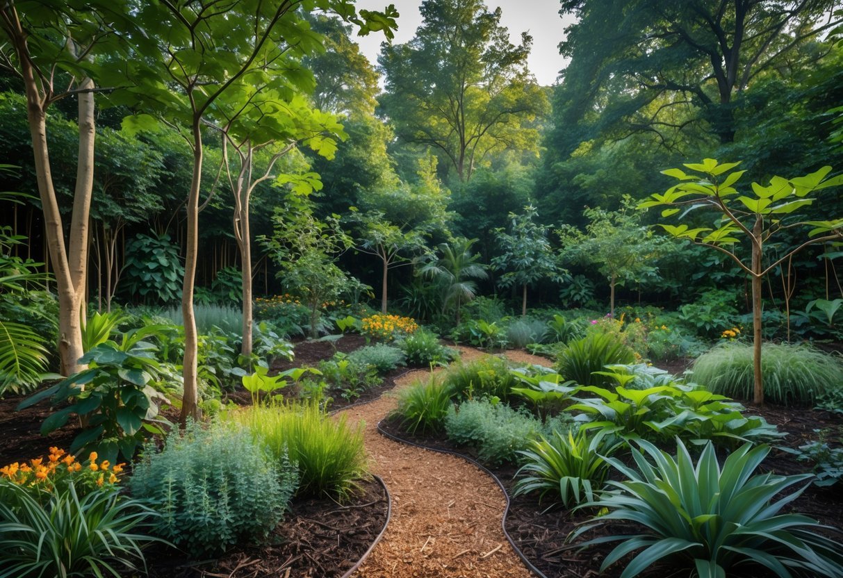 19+ Forest Garden Ideas to Transform Your Backyard into a Sustainable Oasis 19 A diverse forest garden with tall trees, shrubs, flowering plants, and ground cover under sunlight.