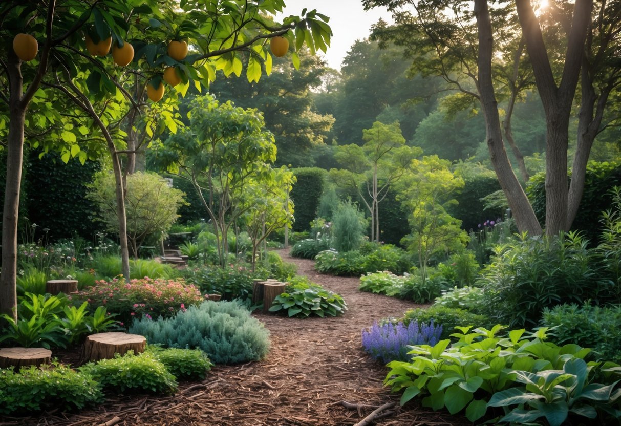 19+ Forest Garden Ideas to Transform Your Backyard into a Sustainable Oasis 20 A lush forest garden with diverse trees, shrubs, and ground plants arranged in layers, with natural pathways and sunlight filtering through the foliage.